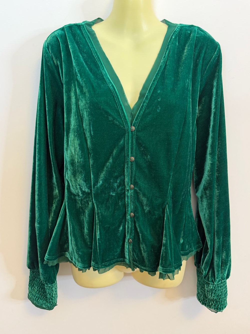 Anthropologie Emerald Green Velvet Button-Down Top